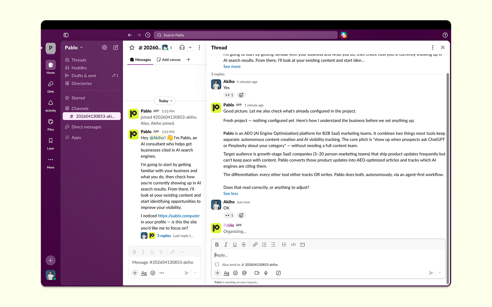Slack workspace screenshot of a Pablo project channel with a side-by-side thread panel showing a back-and-forth conversation between a user and the Pablo bot about analyzing the project, reviewing drafted content, and approving changes.
