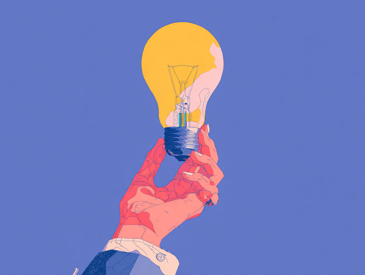A stylized graphic of a hand holding a glowing light bulb against a blue background, symbolizing innovation and new ideas in Answer Engine Optimization
